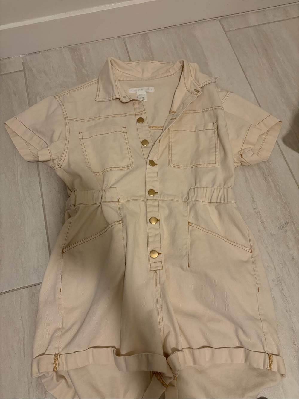 Altar'd State Cream Short-Sleeve Utility Romper with Gold Hardware Size L